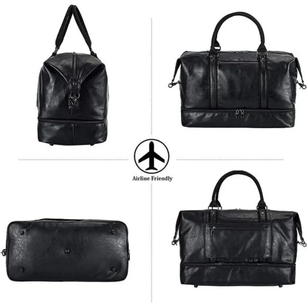 Men's Duffle Leather Travel Bag with Shoe Pouch Black